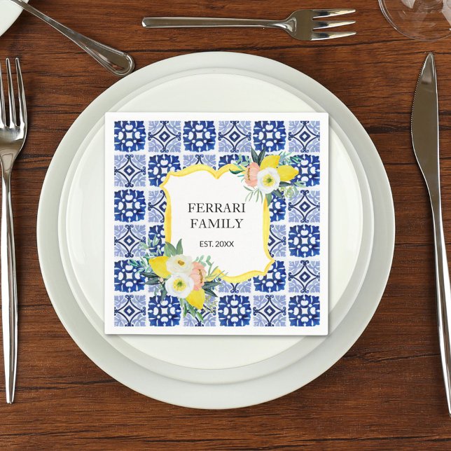 Lemon Citrus Navy Blue Italian Mediterranean Napkins (In situ)