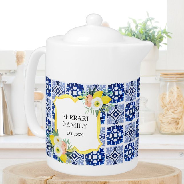 Lemon Citrus Navy Blue Italian Mediterranean Teapot (In situ)