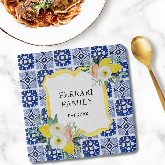 Lemon Citrus Navy Blue Italian Mediterranean Trivet (In situ)