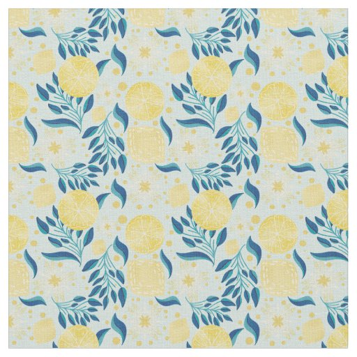 Lemon Citrus Pastel Blue Floral  Fabric