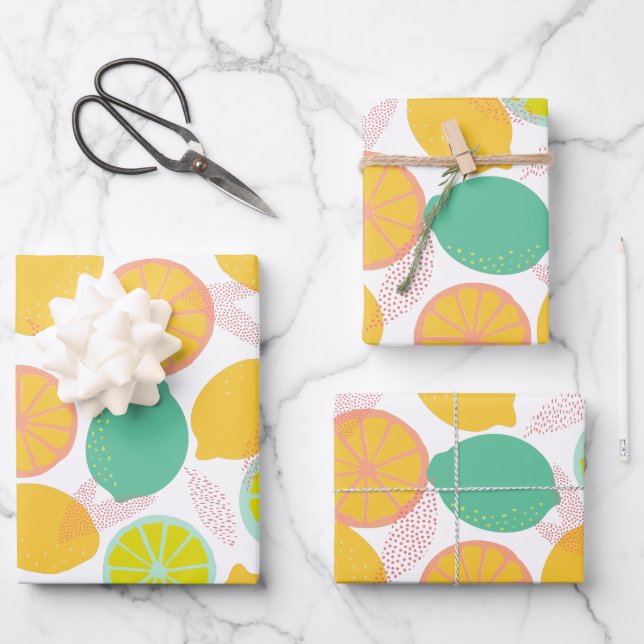 Lemon Citrus Pattern in Teal and Yellow  Wrapping Paper Sheets (Front)