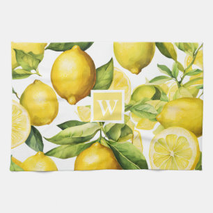 Lemon Citrus Pattern Monogram Kitchen Towel