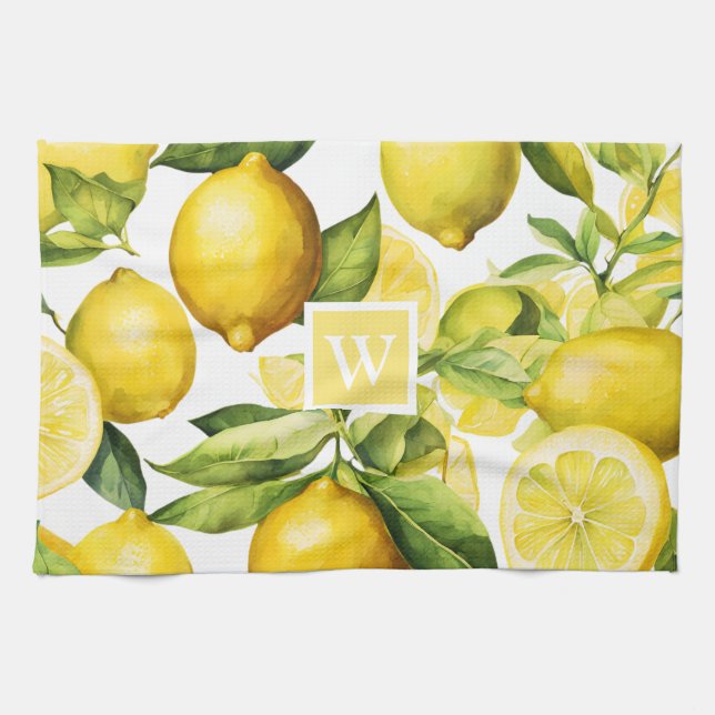 Lemon Citrus Pattern Monogram Kitchen Towel (Horizontal)