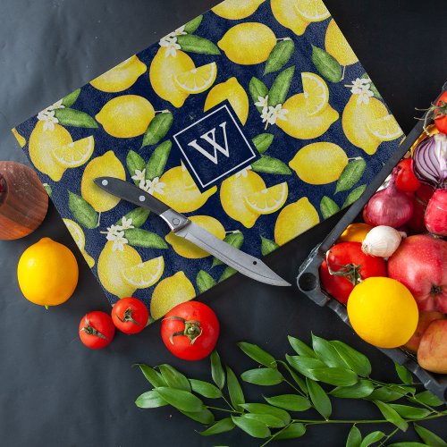 Lemon Citrus Pattern Monogram Navy Blue Cutting Board