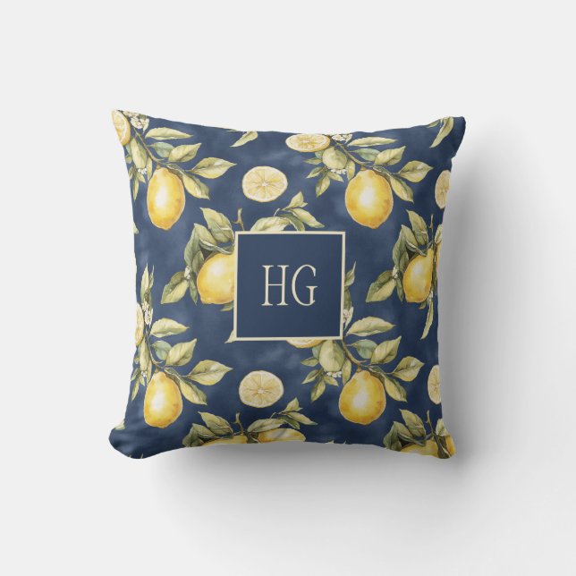 Lemon Citrus Pattern Monogram Throw Pillow (Front)
