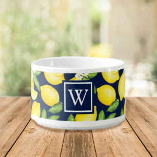 Lemon Citrus Pattern Navy Blue Monogram Bowl