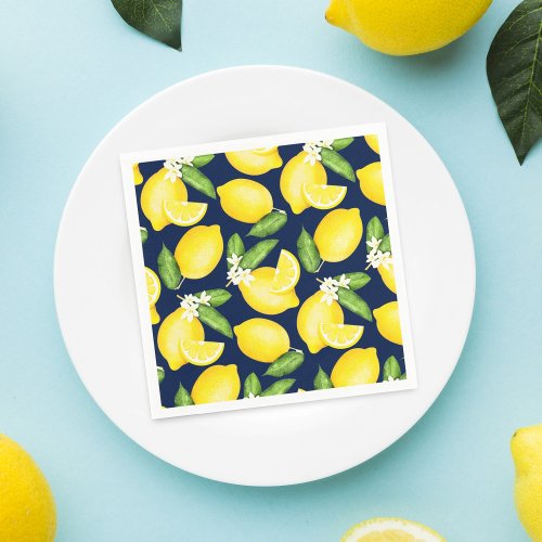 Lemon Citrus Pattern Navy Blue Napkins