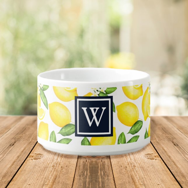 Lemon Citrus Pattern Navy Monogram Bowl (Creator Uploaded)