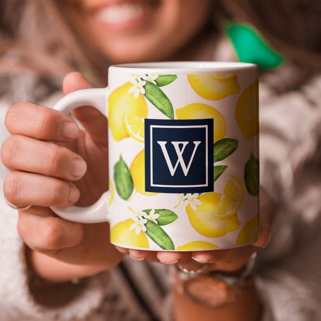 Lemon Citrus Pattern Navy Monogram Coffee Mug (Creator Uploaded)