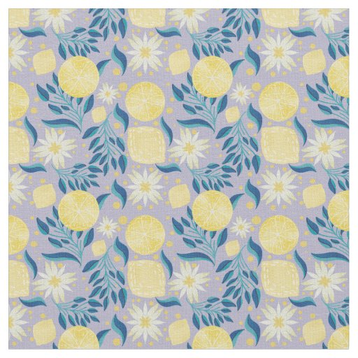 Lemon Citrus Periwinkle Floral  Fabric