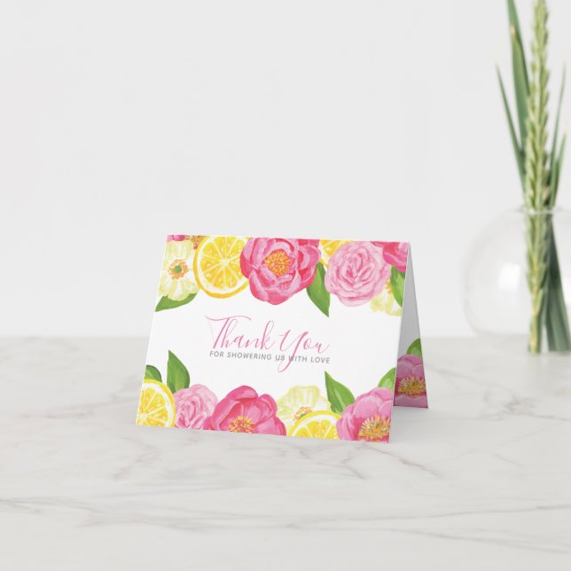 Lemon Citrus Pink Floral Baby Shower Thank You Card (Front)