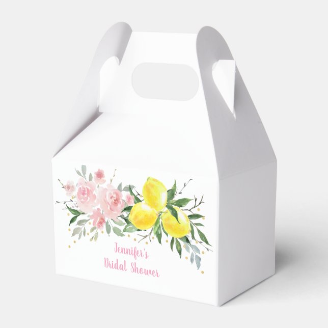 Lemon Citrus Pink Floral Bridal Shower Favor Boxes (Front Side)