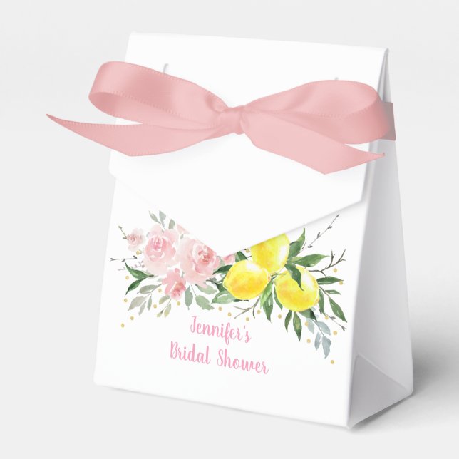 Lemon Citrus Pink Floral Bridal Shower Favor Boxes (Front Side)