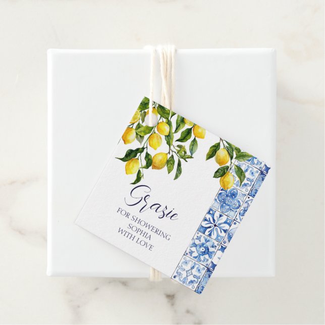 Lemon Citrus Positano Blue Tiles Bridal Shower  Favor Tags (In Situ)