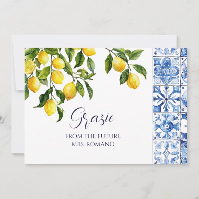 Lemon Citrus Positano Blue Tiles Bridal Shower  Thank You Card (Front)