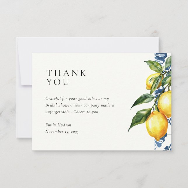 Lemon Citrus Positano Italian Bridal Shower Thank You Card (Front)