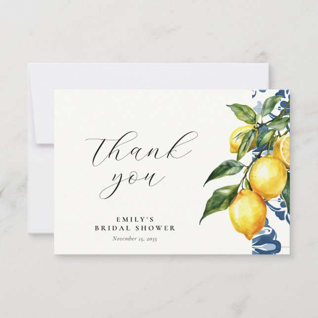 Lemon Citrus Positano Italian Bridal Shower Thank You Card (Front)