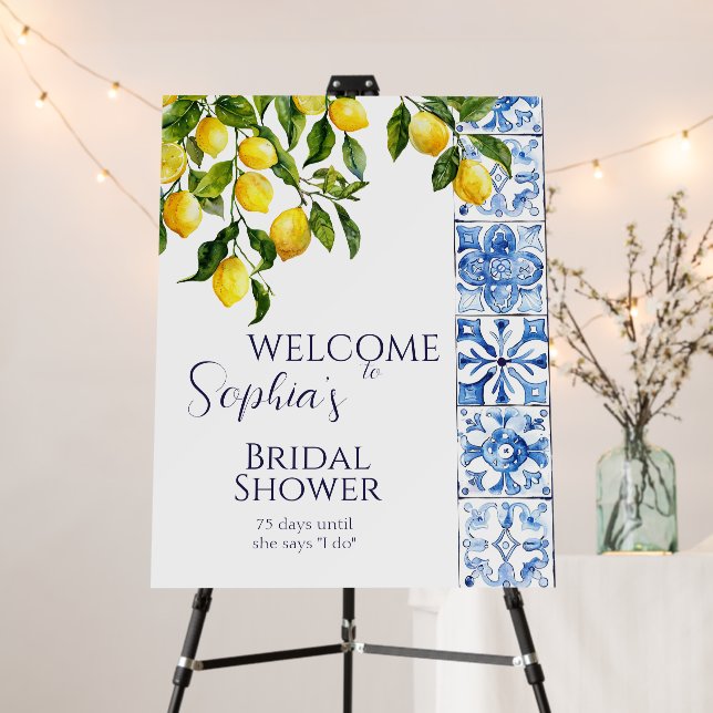 Lemon Citrus Positano Tiles Bridal Shower Welcome Foam Board (In Situ (Stand))