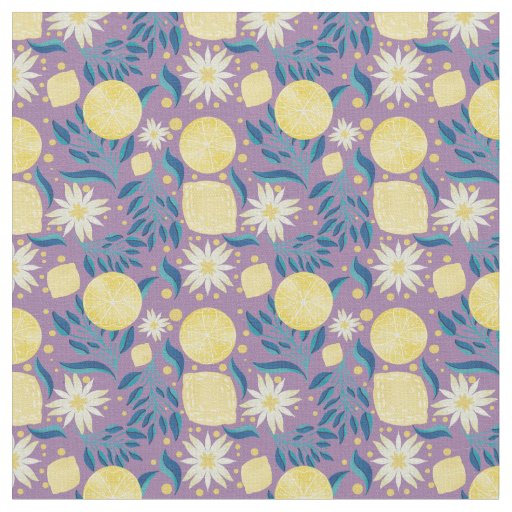 Lemon Citrus Purple Floral  Fabric