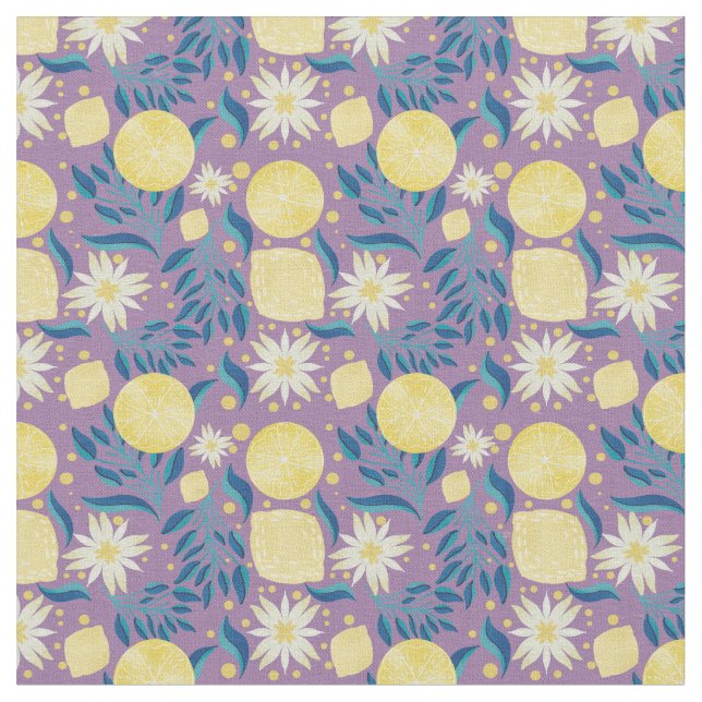 Lemon Citrus Purple Floral  Fabric (Close Up)