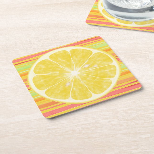 Lemon Citrus Slice on Stripes Square Paper Coaster (Angled)