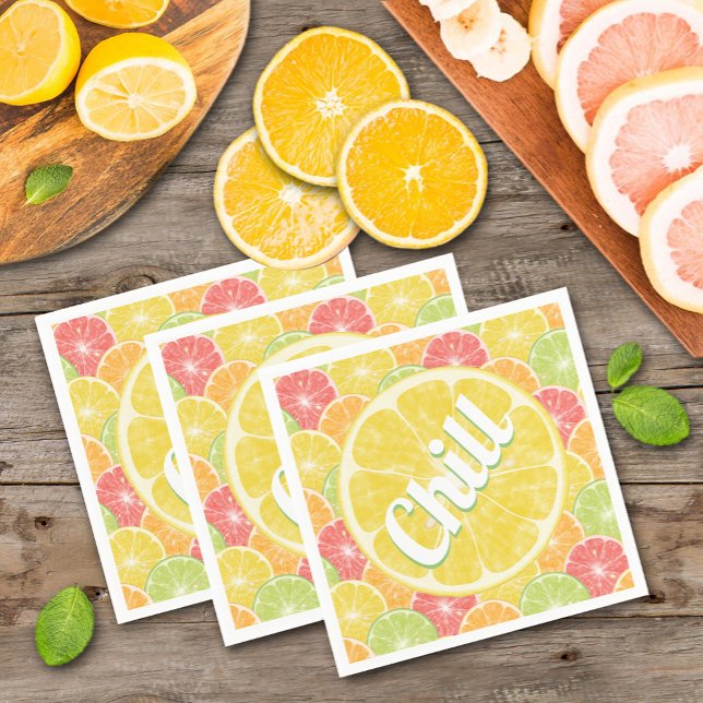 Lemon Citrus Slices Chill Party Napkins (Chill text on lemon, lime, orange and grapefruit citrus slices summer party napkins)