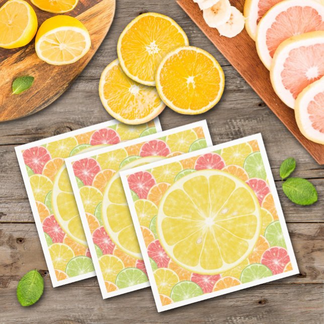 Lemon Citrus Slices Napkins (Lemon slice on a background of citrus slices cocktail napkins)