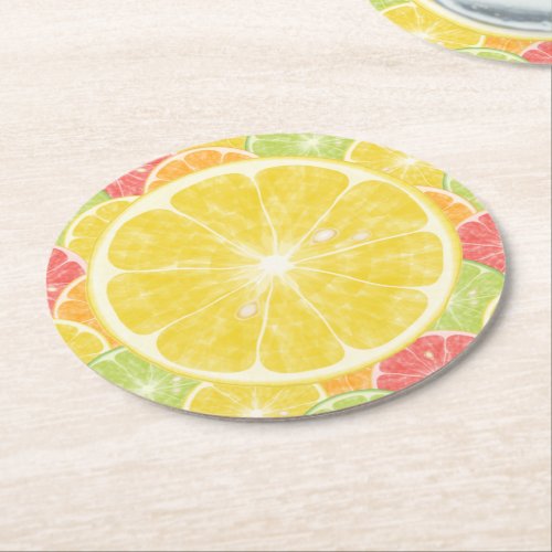 Lemon Citrus Slices Round Paper Coaster