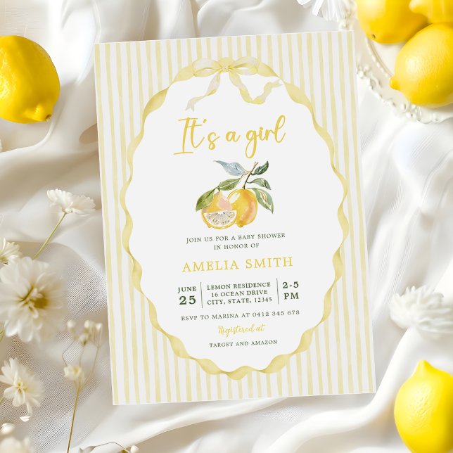 Lemon Citrus Stripes Baby Shower Invitation (Creator Uploaded)