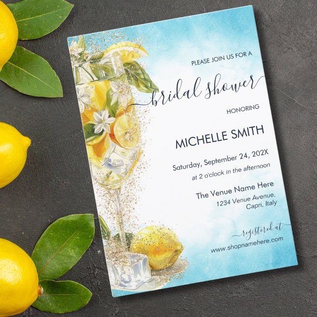 Lemon Citrus Summer Cocktail Italy Bridal Shower Invitation (blue and yellow watercolor limoncello glass with ice)