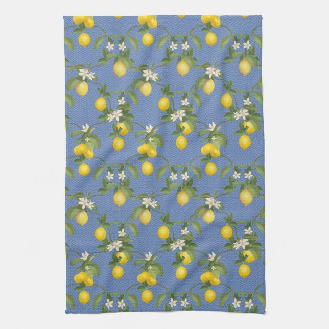 Lemon Citrus Trellis French Country Farmhouse Blue Kitchen Towel (Vertical)
