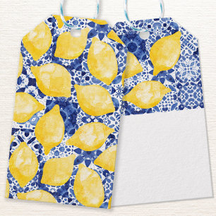 Lemon Citrus Watercolor Blue Mediterranean Tile Gift Tags