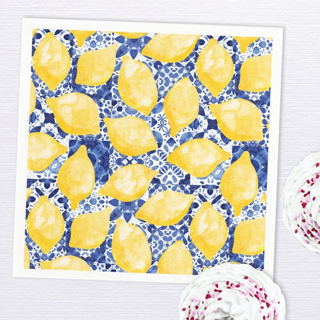 Lemon Citrus Watercolor Blue Mediterranean Tile Napkins (Watercolor lemons on a blue and white Mediterranean tile background patterned party paper napkins)