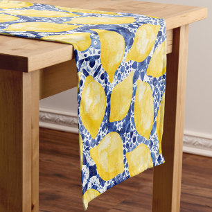Lemon Citrus Watercolor Blue Mediterranean Tile Short Table Runner