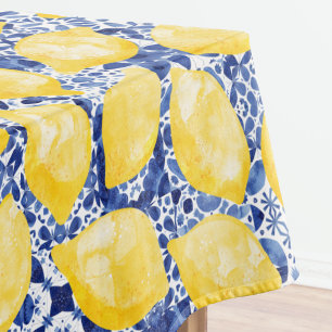 Lemon Citrus Watercolor Blue Mediterranean Tile Tablecloth