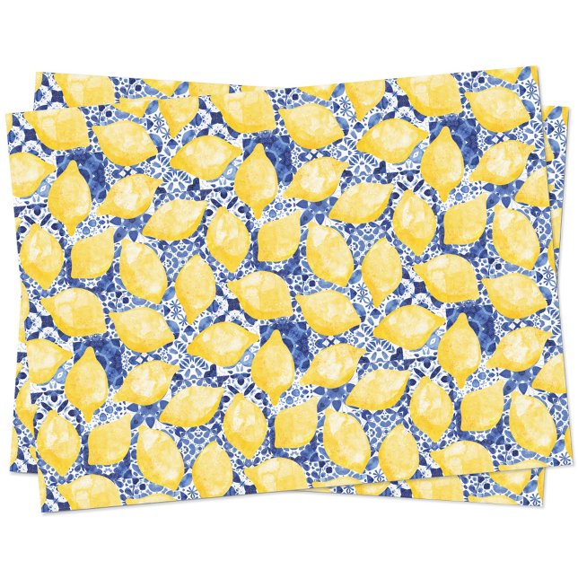 Lemon Citrus Watercolor Blue Mediterranean Tile Tissue Paper (Watercolor lemons on a blue and white Mediterranean tile background patterned tissue paper)