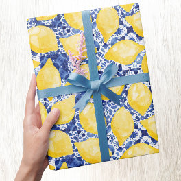 Lemon Citrus Watercolor Blue Mediterranean Tile Wrapping Paper