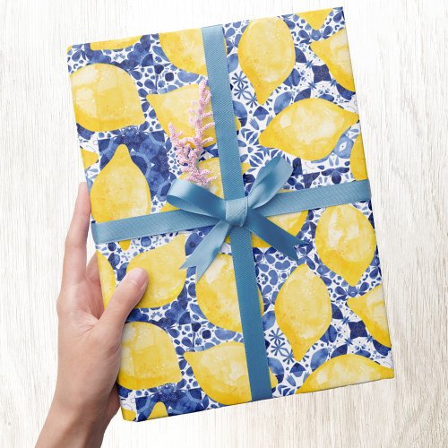 Lemon Citrus Watercolor Blue Mediterranean Tile Wrapping Paper