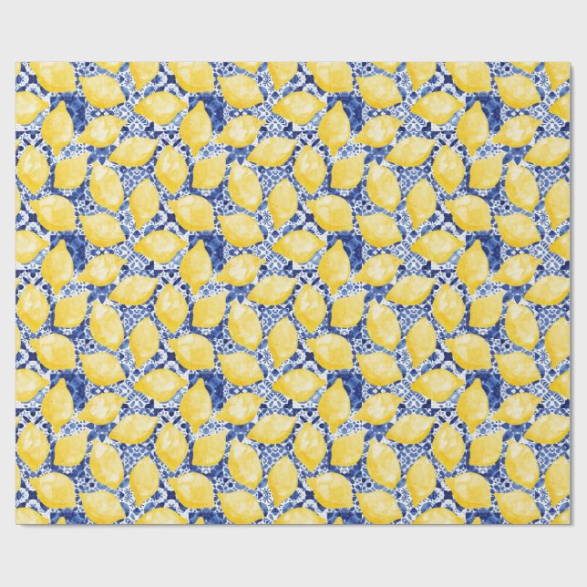 Lemon Citrus Watercolor Blue Mediterranean Tile Wrapping Paper (Flat)