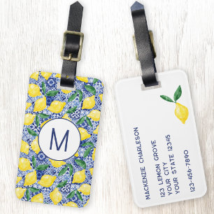 Lemon Citrus Watercolor Blue Tile Monogram Luggage Tag