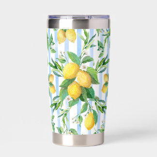 Lemon Citrus Watercolor Floral Foliage Blue Stripe Insulated Tumbler