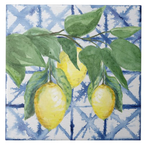 Lemon Citrus Watercolor Foliage Blue White Pattern Ceramic Tile