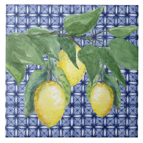 Lemon Citrus Watercolor Foliage Pattern Navy Blue Ceramic Tile