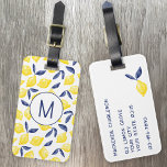 Lemon Citrus Watercolor Monogram Personalized Luggage Tag<br><div class="desc">Pretty watercolor citrus lemon pattern in yellow with navy blue leaves on a white background for a fruity summer Mediterranean feel. Original art by Nic Squirrell. Change the modern monogram initial on the front and details on the reverse to customize.</div>