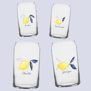 Lemon Citrus Watercolor Personalized Name Can Glass