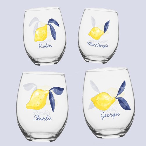 Lemon Citrus Watercolor Personalized Name Stemless Wine Glass
