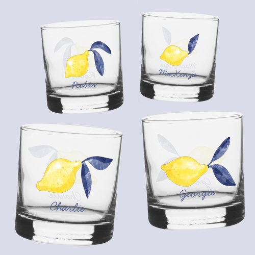 Lemon Citrus Watercolor Personalized Name Whiskey Glass