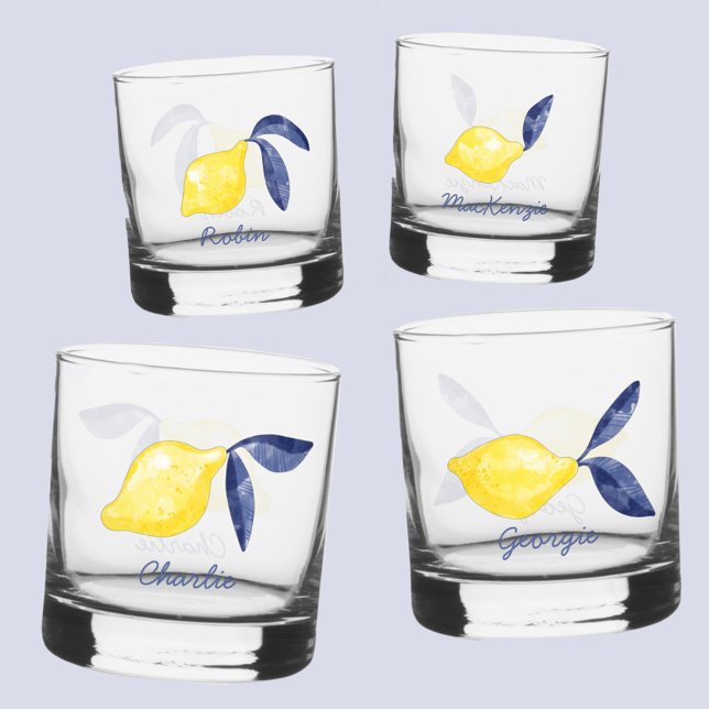 Lemon Citrus Watercolor Personalized Name Whiskey Glass (Fresh citrus lemon watercolor individual name personalized glasses)