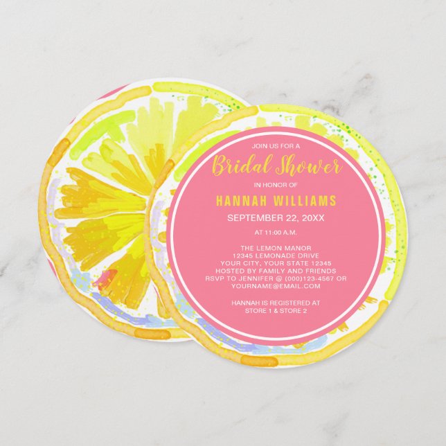 Lemon Citrus Watercolor Pink Bridal Shower Invite (Front/Back)