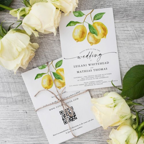 Lemon Citrus Watercolor QR Code Wedding Invitation